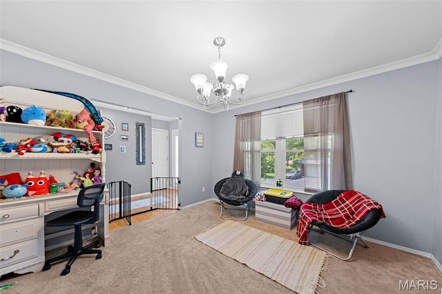 1745 Woodwind Dr, Imperial, MO 63052 - office with a chandelier, crown molding, and light carpet