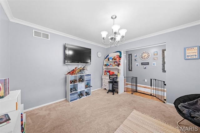 1745 Woodwind Dr, Imperial, MO 63052 - rec room with carpet, crown molding, a chandelier, and an office area