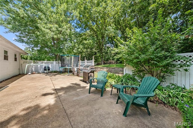 1745 Woodwind Dr, Imperial, MO 63052 - fenced backyard featuring a trampoline, a patio area, and a grill