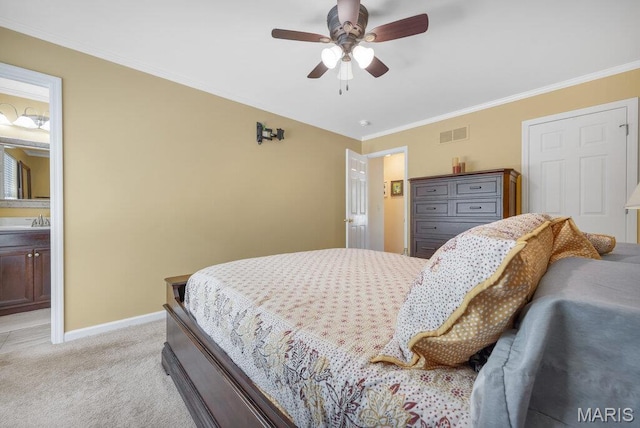 7 Mcclay Village Cir, Saint Peters, MO 63376 - bedroom with light carpet, ornamental molding, ceiling fan, and ensuite bathroom