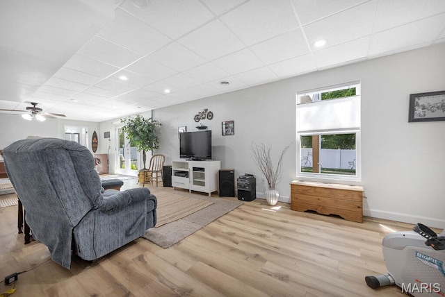 7 Mcclay Village Cir, Saint Peters, MO 63376 - living room with a paneled ceiling, plenty of natural light, wood finished floors, ceiling fan, and recessed lighting