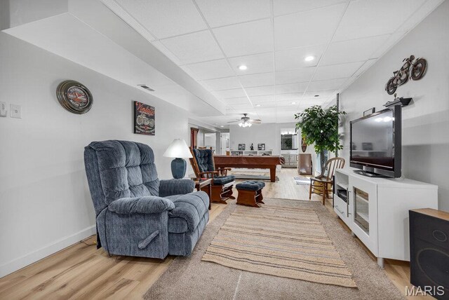 7 Mcclay Village Cir, Saint Peters, MO 63376 - living area with light wood-style floors, a paneled ceiling, recessed lighting, and a ceiling fan