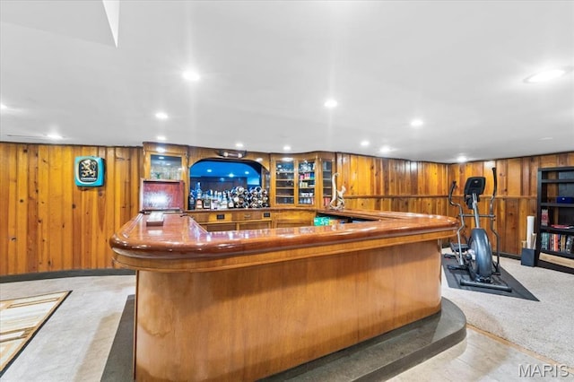7248 Dorset Ave, University City, MO 63130 - bar area featuring wood walls, recessed lighting, and light carpet
