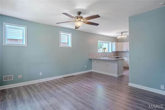 6557 Marmaduke Ave, Saint Louis, MO 63139 - unfurnished living room with plenty of natural light, dark wood-style flooring, and ceiling fan