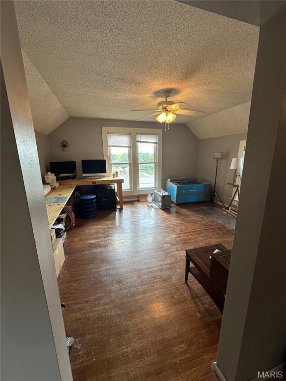 325 N Prairie St, Greenville, IL 62246 - bedroom with lofted ceiling, a textured ceiling, wood finished floors, and ceiling fan