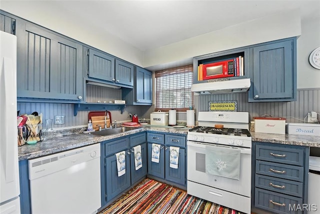 1918 Lone Pine Dr, Arnold, MO 63010 - kitchen with white appliances, under cabinet range hood, blue cabinets, and open shelves