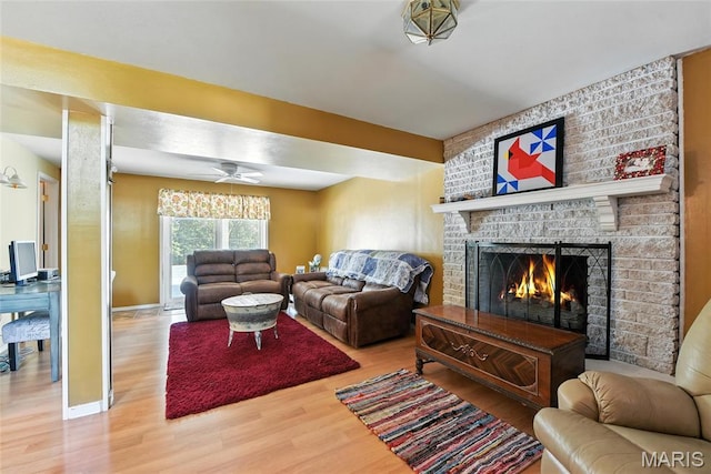 1918 Lone Pine Dr, Arnold, MO 63010 - living area with a fireplace, wood finished floors, and ceiling fan