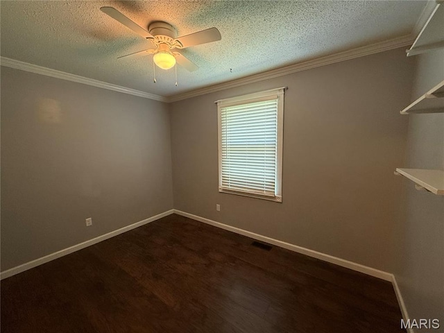 812 Sommerset Dr, Troy, MO 63379 - unfurnished room with dark wood finished floors, a ceiling fan, a textured ceiling, and ornamental molding