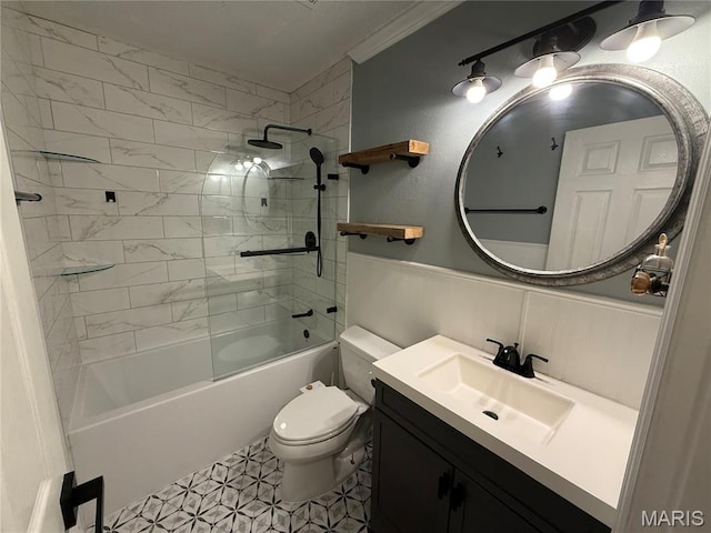 812 Sommerset Dr, Troy, MO 63379 - bathroom with vanity, a wainscoted wall, bathtub / shower combination, and crown molding