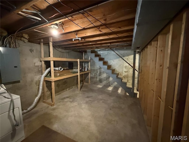 812 Sommerset Dr, Troy, MO 63379 - unfinished below grade area featuring electric panel, independent washer and dryer, and stairway