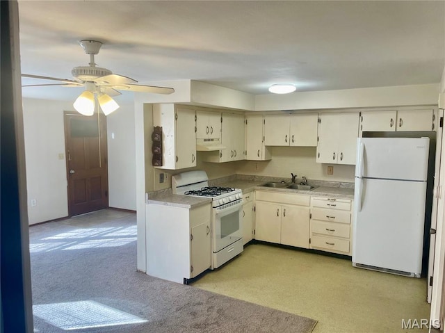 76 Cheshire Dr, Belleville, IL 62223 - kitchen with white appliances, under cabinet range hood, light countertops, and a ceiling fan