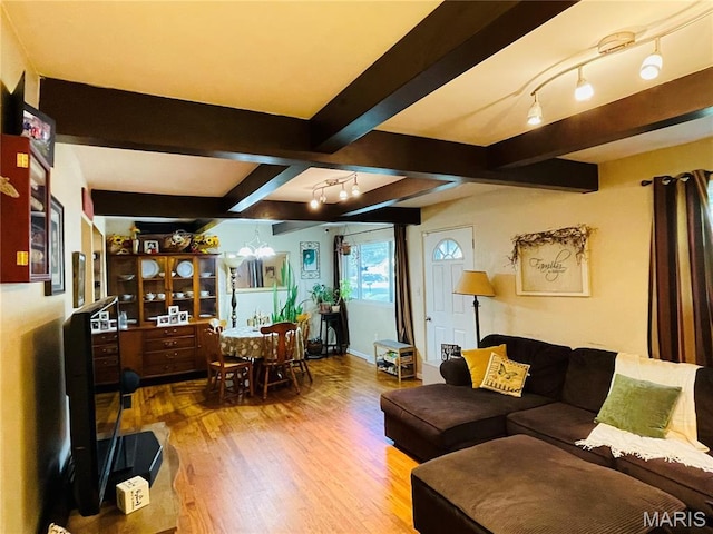 15315 Humbert Rd, Brighton, IL 62012 - living room with beam ceiling, wood finished floors, and a chandelier