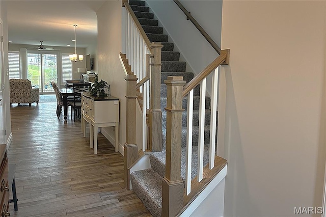 2393 Windswept Farms Dr, Eureka, MO 63025 - stairway featuring wood finished floors and a ceiling fan