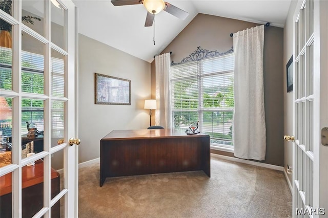 27 Carlton Lake Ct, Wentzville, MO 63385 - office featuring french doors, vaulted ceiling, carpet floors, and ceiling fan