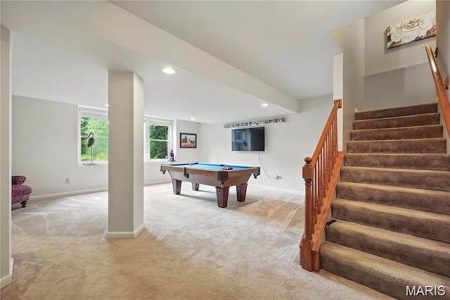 27 Carlton Lake Ct, Wentzville, MO 63385 - playroom featuring light carpet, billiards, and recessed lighting