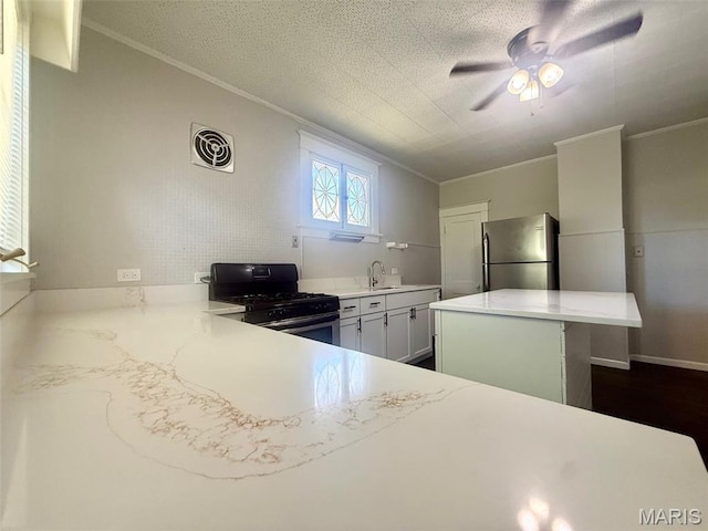 4707 Primm St, Saint Louis, MO 63116 - kitchen featuring appliances with stainless steel finishes, ornamental molding, a ceiling fan, and a kitchen island