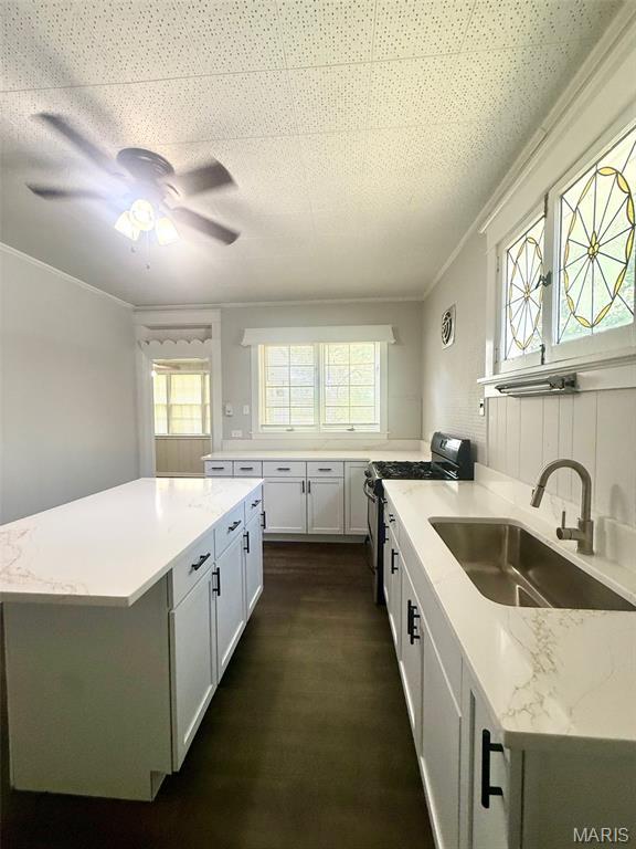 4707 Primm St, Saint Louis, MO 63116 - kitchen with black gas range, a center island, crown molding, light stone countertops, and dark wood-style flooring