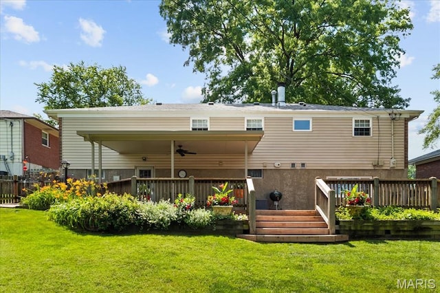 8822 Crest Oak Ln, Saint Louis, MO 63126 - back of house with a deck, a ceiling fan, and a yard