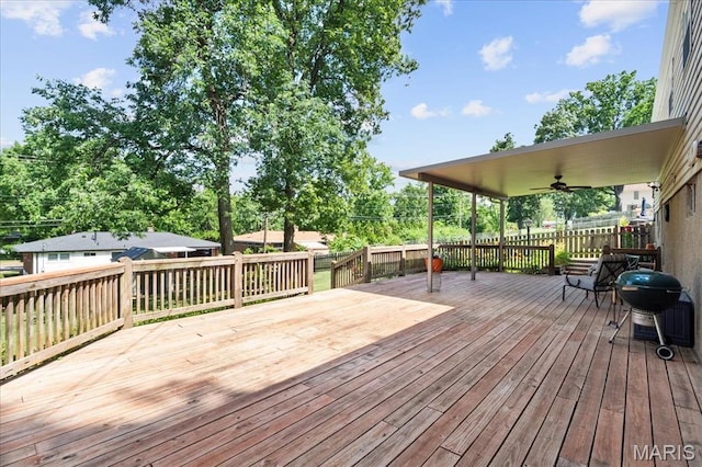 8822 Crest Oak Ln, Saint Louis, MO 63126 - wooden deck with grilling area and ceiling fan