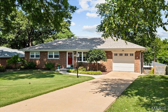 8822 Crest Oak Ln, Saint Louis, MO 63126 - ranch-style home with driveway, a garage, a front lawn, and brick siding
