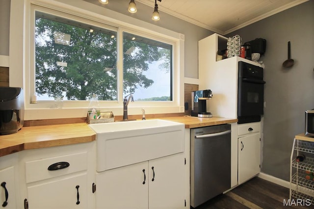 31337 Hudson Rd, Lebanon, MO 65536 - kitchen featuring wooden counters, stainless steel dishwasher, ornamental molding, black oven, and white cabinetry
