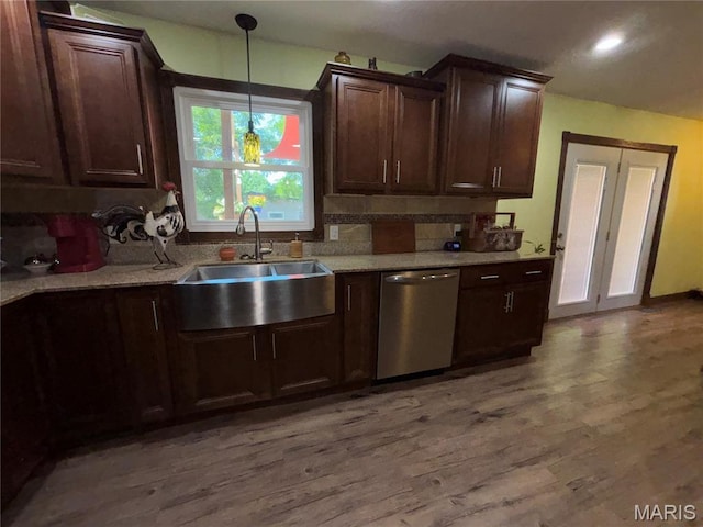 208 E Main St, Iberia, MO 65486 - kitchen featuring dishwasher, backsplash, light wood-type flooring, dark brown cabinetry, and recessed lighting