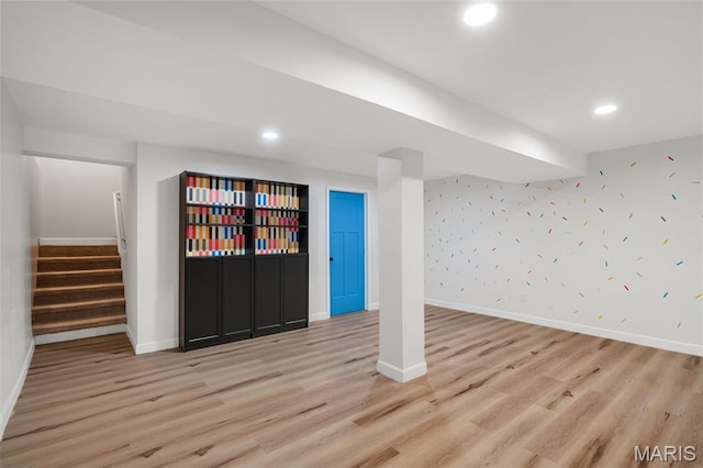618 Maple Frst, Saint Louis, MO 63122 - finished below grade area featuring light wood-type flooring, stairs, and recessed lighting