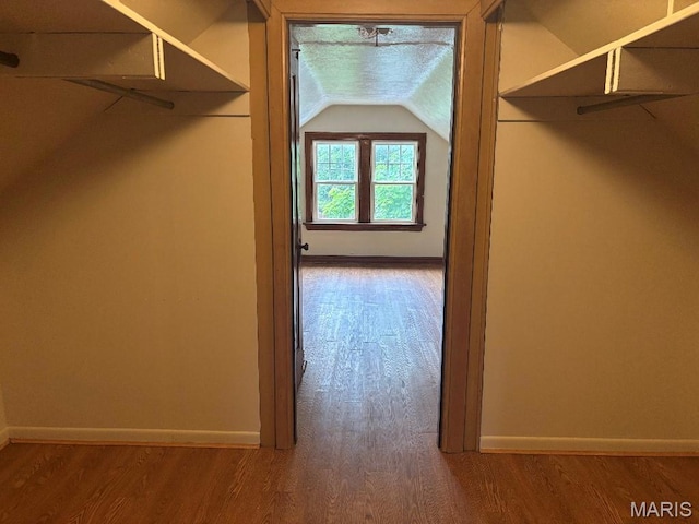 6008 N Pointe Blvd, Saint Louis, MO 63147 - spacious closet with wood finished floors and vaulted ceiling