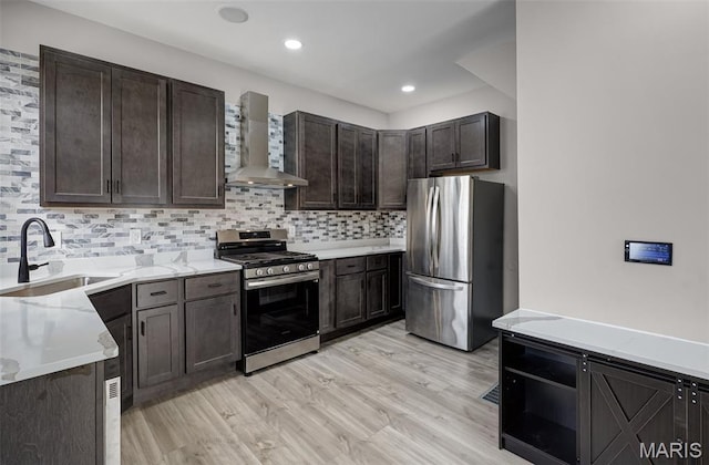 5123 Wicklow Pl, Saint Louis, MO 63111 - kitchen featuring appliances with stainless steel finishes, wall chimney range hood, light wood-style floors, backsplash, and recessed lighting