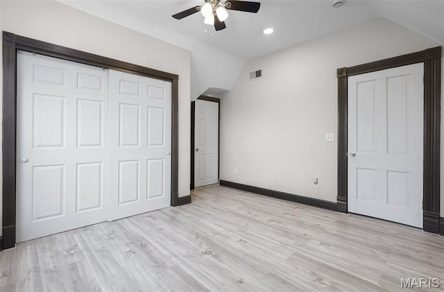 5123 Wicklow Pl, Saint Louis, MO 63111 - unfurnished bedroom with light wood finished floors, a closet, lofted ceiling, a ceiling fan, and recessed lighting