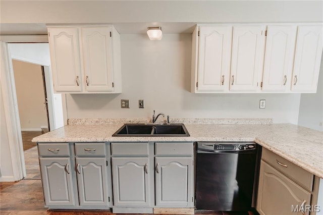 20055 Simmons Rd, Waynesville, MO 65583 - kitchen featuring black dishwasher, gray cabinetry, white cabinets, and light countertops