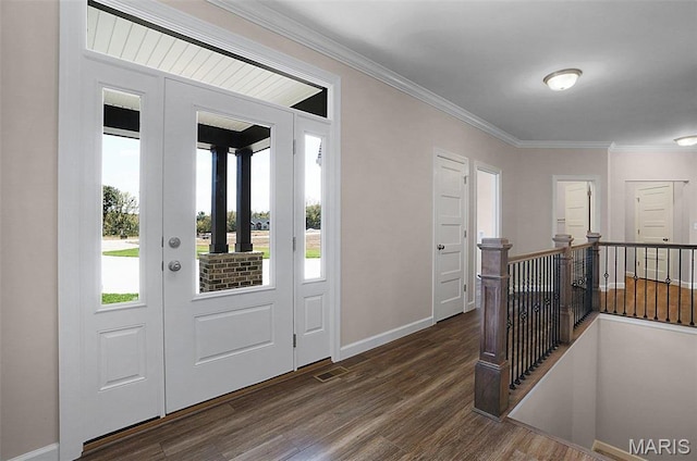 5 Schaper Farms Ct, Foristell, MO 63348 - entryway with dark wood-type flooring and crown molding