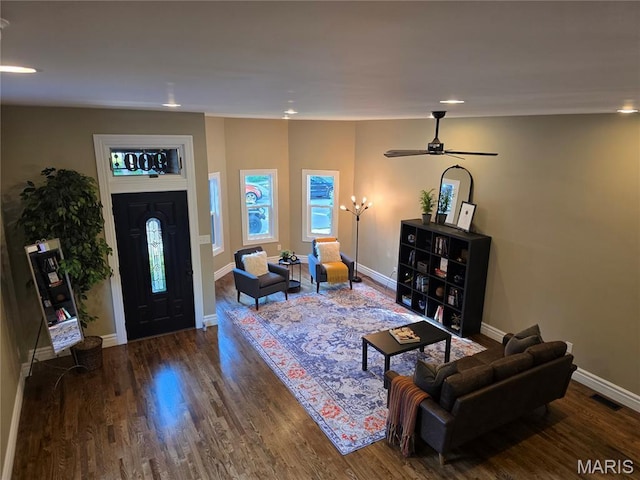 909 S 4th St, Saint Charles, MO 63301 - living area featuring wood finished floors, ceiling fan, and recessed lighting