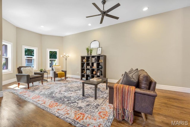 909 S 4th St, Saint Charles, MO 63301 - living room featuring wood finished floors, ceiling fan, and recessed lighting