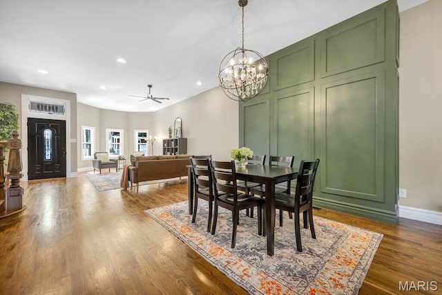 909 S 4th St, Saint Charles, MO 63301 - dining area with recessed lighting, a chandelier, dark wood finished floors, and a ceiling fan