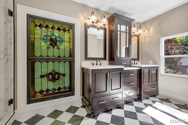 909 S 4th St, Saint Charles, MO 63301 - full bath featuring vanity, tile patterned floors, and a chandelier