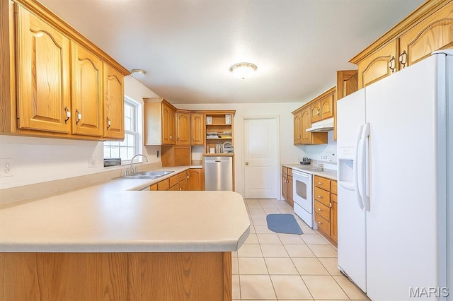 2635 Linda Ln, Poplar Bluff, MO 63901 - kitchen featuring white appliances, under cabinet range hood, a peninsula, and light countertops