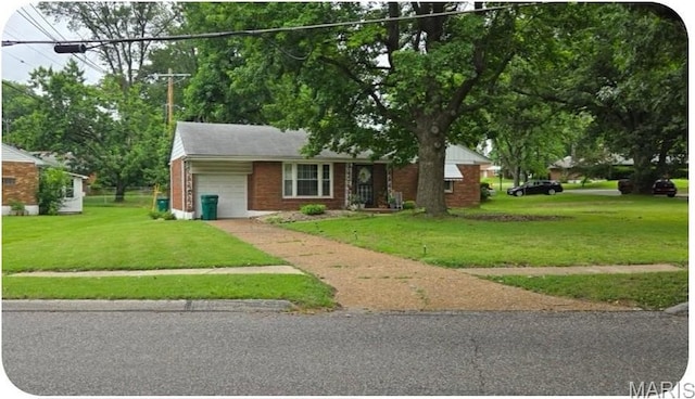 1100 Wentworth Dr, Bellefontaine Nghbrs, MO 63137 - view of front of home with a garage, brick siding, a front yard, and driveway