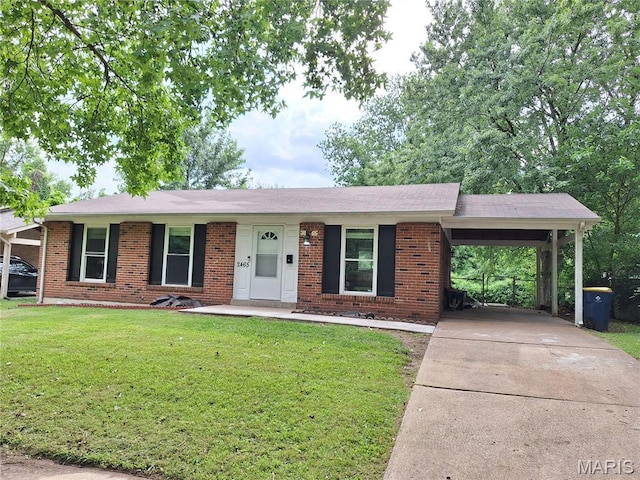 2465 Stoney End Ct, Florissant, MO 63031 - ranch-style house with brick siding, a front lawn, concrete driveway, and a carport