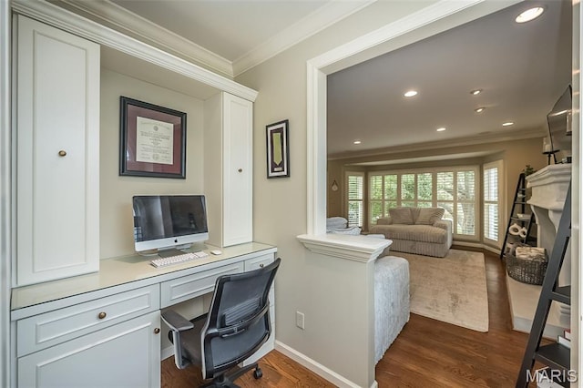 14703 Kulkarni Ct, Chesterfield, MO 63017 - office area featuring ornamental molding, dark wood-style flooring, and recessed lighting