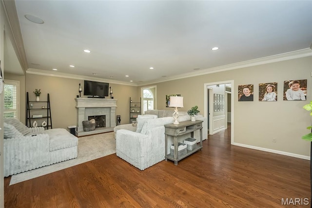 14703 Kulkarni Ct, Chesterfield, MO 63017 - living room featuring crown molding, wood finished floors, a fireplace with raised hearth, and recessed lighting