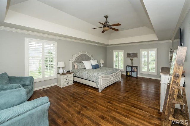14703 Kulkarni Ct, Chesterfield, MO 63017 - bedroom featuring a raised ceiling, dark wood finished floors, a ceiling fan, and crown molding