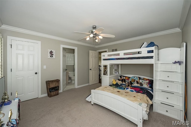 14703 Kulkarni Ct, Chesterfield, MO 63017 - bedroom featuring crown molding, carpet floors, ceiling fan, and ensuite bath