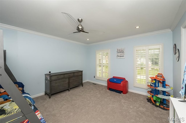 14703 Kulkarni Ct, Chesterfield, MO 63017 - bedroom featuring ornamental molding, light carpet, a ceiling fan, and recessed lighting