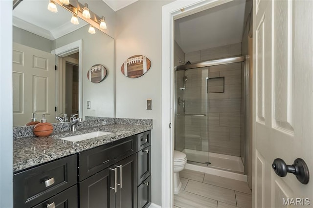 14703 Kulkarni Ct, Chesterfield, MO 63017 - full bathroom with vanity, a stall shower, tile patterned floors, and crown molding