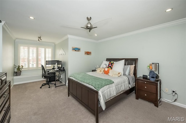 14703 Kulkarni Ct, Chesterfield, MO 63017 - bedroom with light carpet, ornamental molding, a desk, a ceiling fan, and recessed lighting