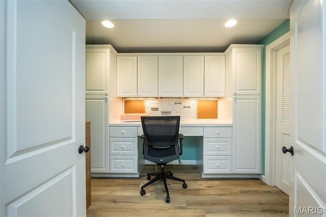 14703 Kulkarni Ct, Chesterfield, MO 63017 - unfurnished office with built in desk, recessed lighting, and light wood-style flooring