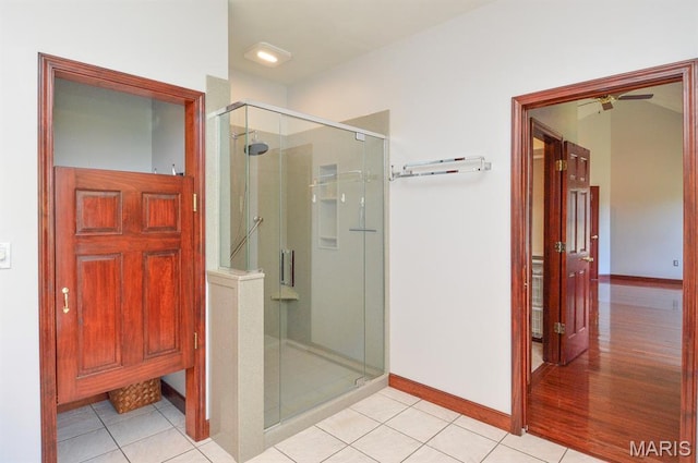 15 Fox Mill Dr, Maryville, IL 62062 - bathroom with a shower stall, a ceiling fan, and tile patterned floors
