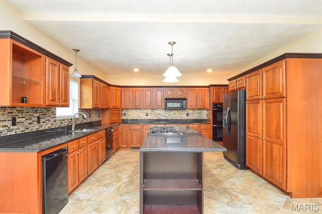 15 Fox Mill Dr, Maryville, IL 62062 - kitchen with black appliances, open shelves, tasteful backsplash, a center island, and hanging light fixtures