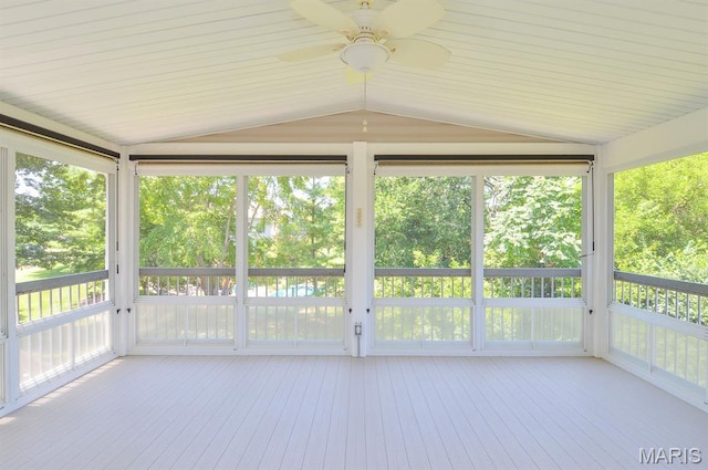 15 Fox Mill Dr, Maryville, IL 62062 - unfurnished sunroom with ceiling fan, vaulted ceiling, a deck, and healthy amount of natural light